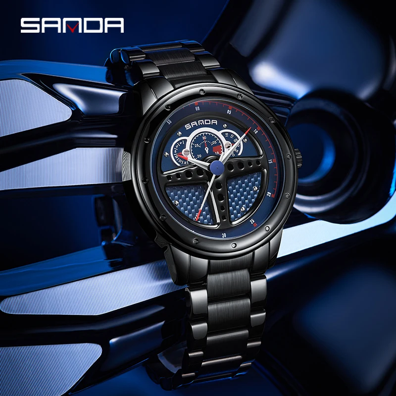 SANDA Men's Quartz Movement Watch Unique 3D Racing Steering Wheel Dial Design Creative Pointer Fashion Wristwatch Gift for Men
