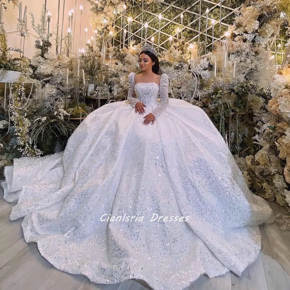 Princess Long Sleeve Sequined Beading Dubai Ball Gown Wedding Dress Illusion Square Collar Crystal Saudi Arabic Bridal Gown