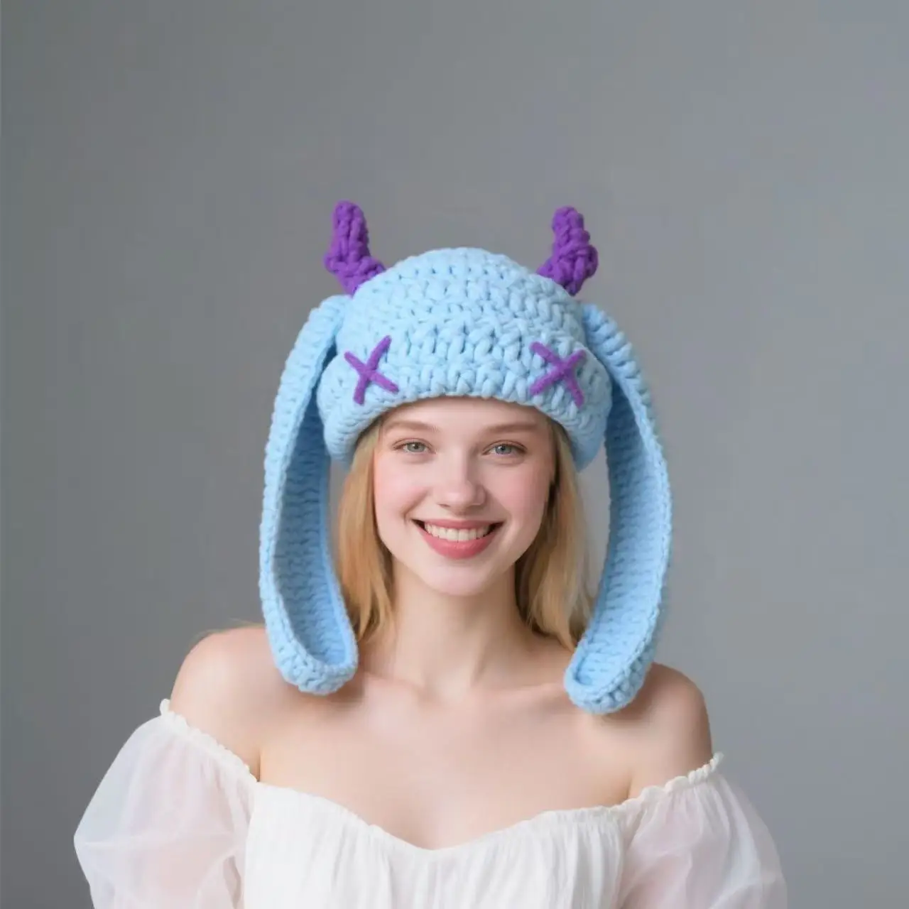 Handgehäkelte Teufelshorn-Strickmütze, Modische Herbst- und Winter-Wollmütze, Dick und Warm, Weich im Griff, Langohr-Kaninchen-Design, Trendige und Einzigartige Beanie, eine Wahl für kaltes Wetter, Geeignet für Alltags-Outfits im Casual-Stil. – Detail 13