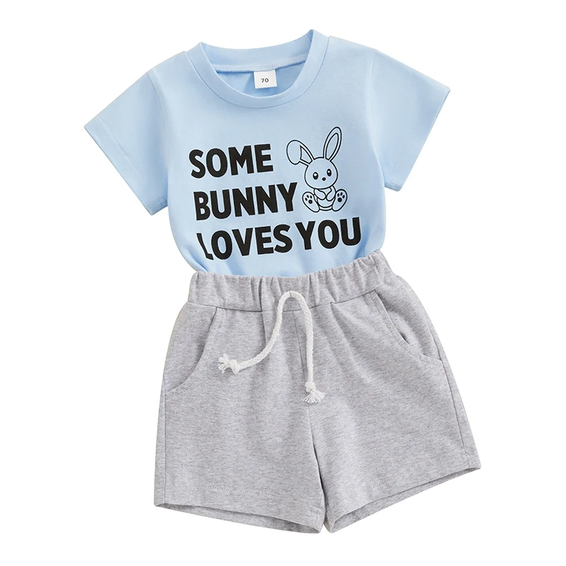 

Пасхальные наряды для маленьких мальчиков, футболка с коротким рукавом с изображением кролика с надписью «Little Bunny Love You», однотонные шорты, набор