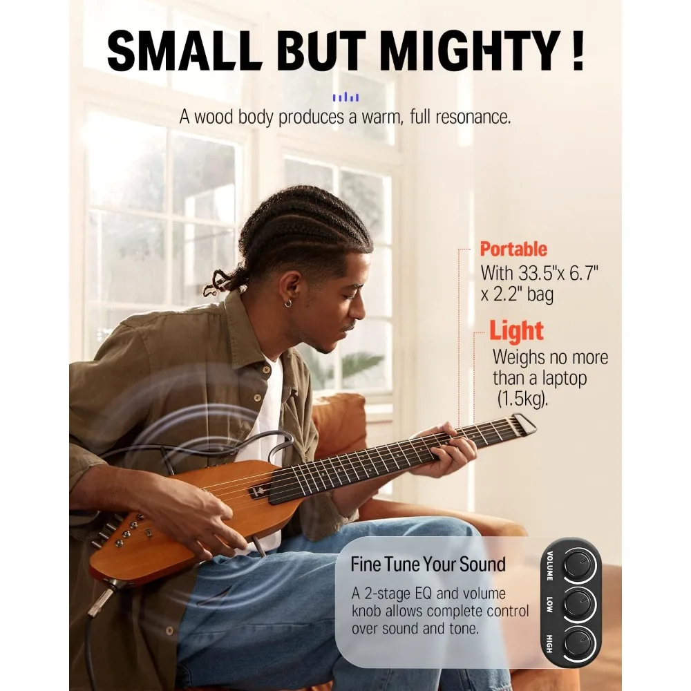 Guitar For Travel Portable-Light and Quiet Performance Headless Acoustic-Electric Guitar Mahogany Body with Removable Frames