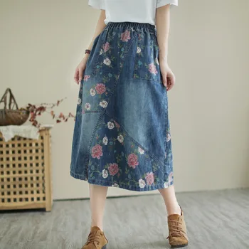 Waed Denim Mid-Length Elastic Waist Loose f Skirt Fre Sle Embroidered Patchwork Japanese New Model Women's Skirt