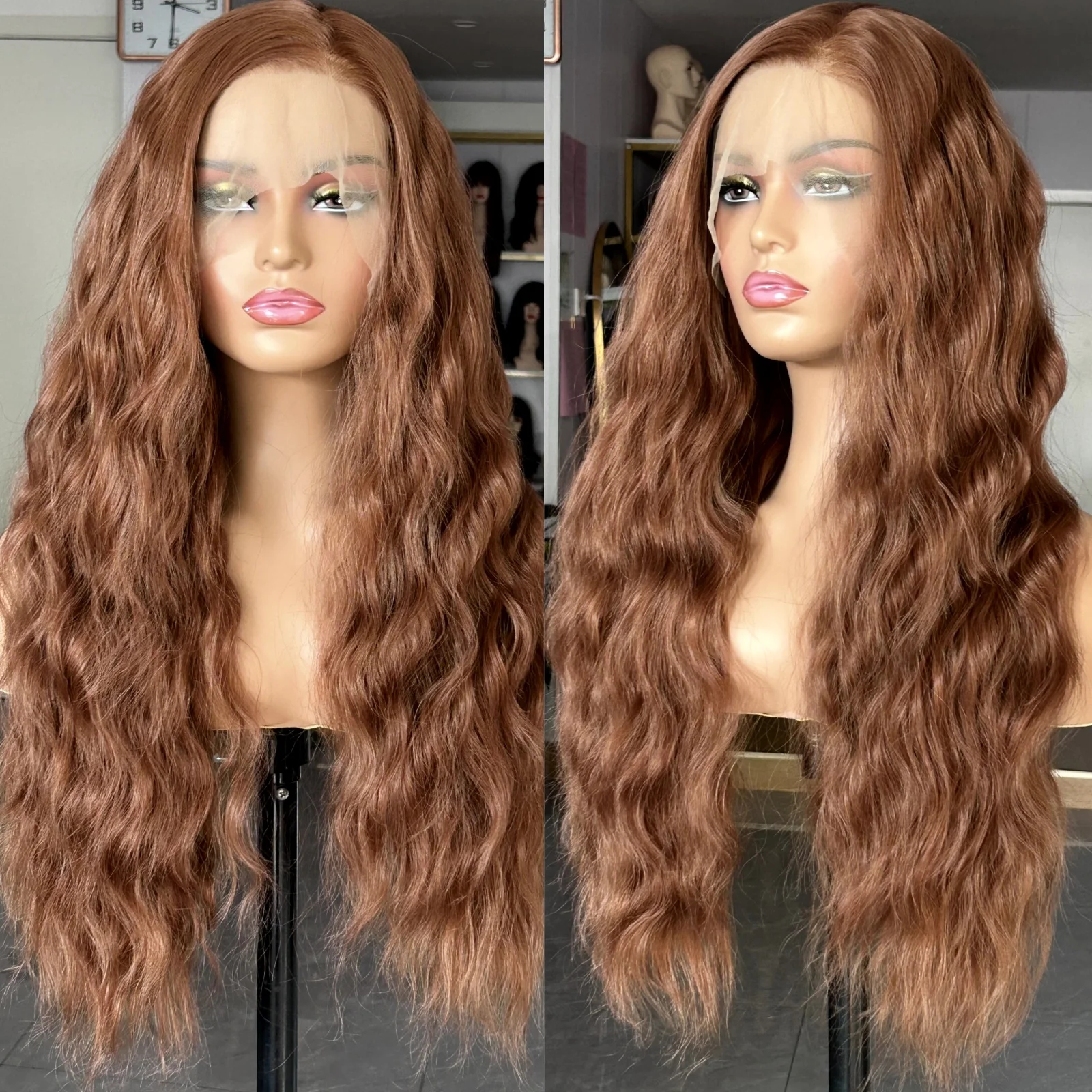 Lace Front Wig Synthetic Hair Wigs Ginger Brown Wig Deep Wave Synthetic Lace Front Wig Natural Wavy Long Curly Auburn Colored Hair 13X4 Frontal Wigs for Women
