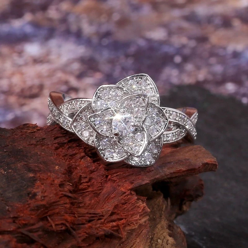 Classic Design Silver Plated Set Full Diamond Camellia Ring Sophisticated Glamour Women's Engagement Wedding Jewelry