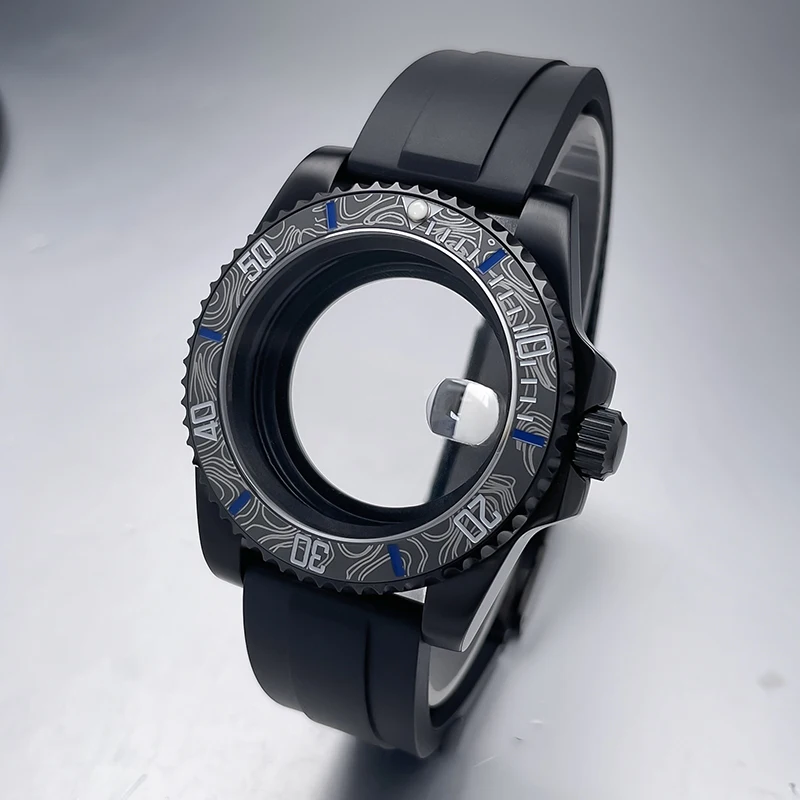 All-Black Sub Style Watch Case with Rubber Strap and Sapphire Crystal