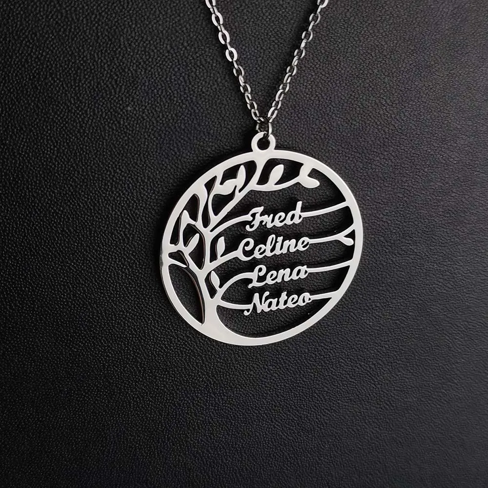 Custom Tree of Life Necklace for Women Stainless Steel Family 1-4 Names Round Pendant Necklaces Jewelry Parents Christmas Gifts