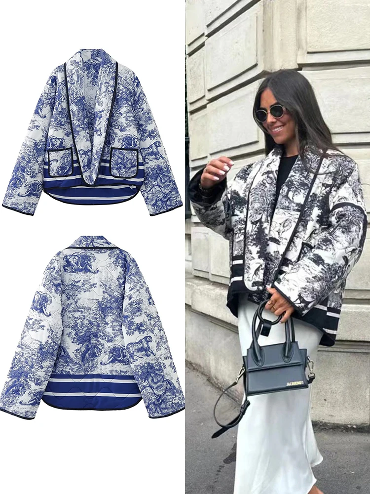 

ZBZA Women's Retro Coat Autumn And Winter New Long Sleeve Printed Fashion High Street Clothing Thickened Warm Cotton Clothes