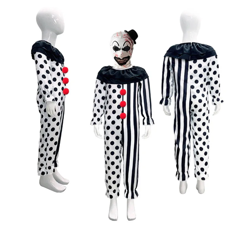 

Kids Terrifier Art the Clown Cosplay Costume Boys Fantasia Black Jumpsuit Children Hat Outfits Halloween Carnival Party Suit