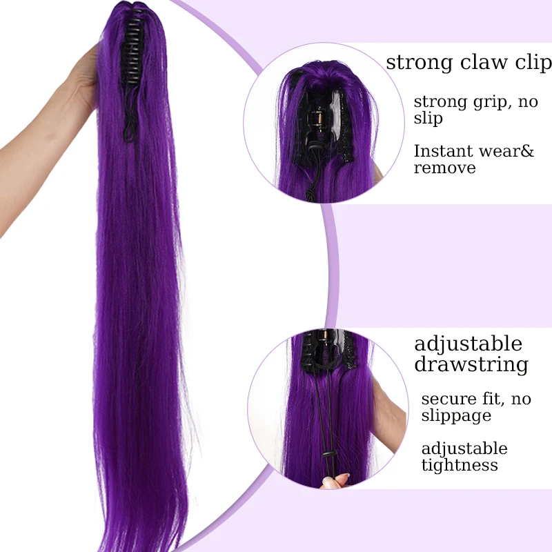 32inch Purple Hair Ponytail Extensions Wig Super Long Claw Clip Straight Ponytail Party Highlights for Women Christmas Party Use