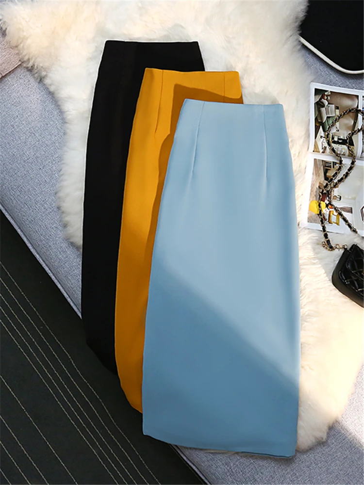 

Elegant Midi Length Women's Skirt 2023 Spring Summer New High Waist Design Solid Color OL Ladies Back Split A-line Skirts Female