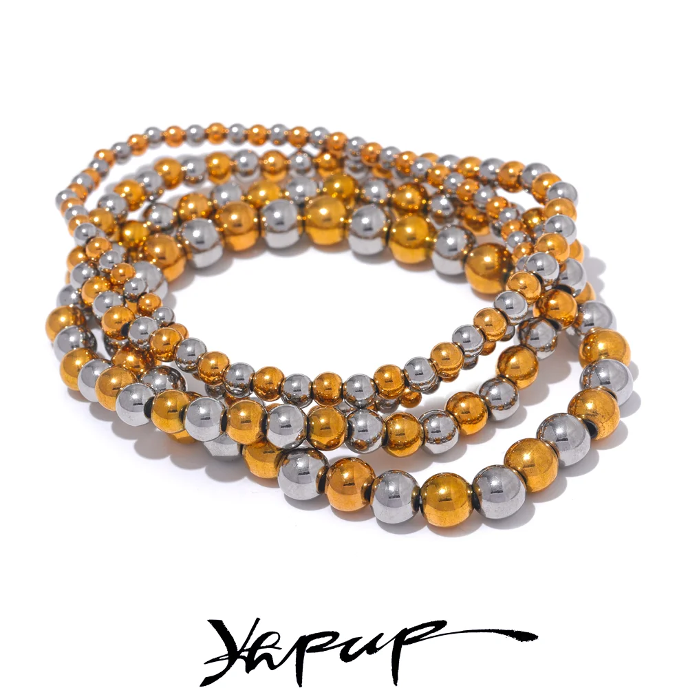 

Yhpup 3/4/5/6 MM Stainless Steel Beads Daily Handmade Elastic Bracelet Bangle Waterproof Wrist Wholesale Gold Color Jewelry