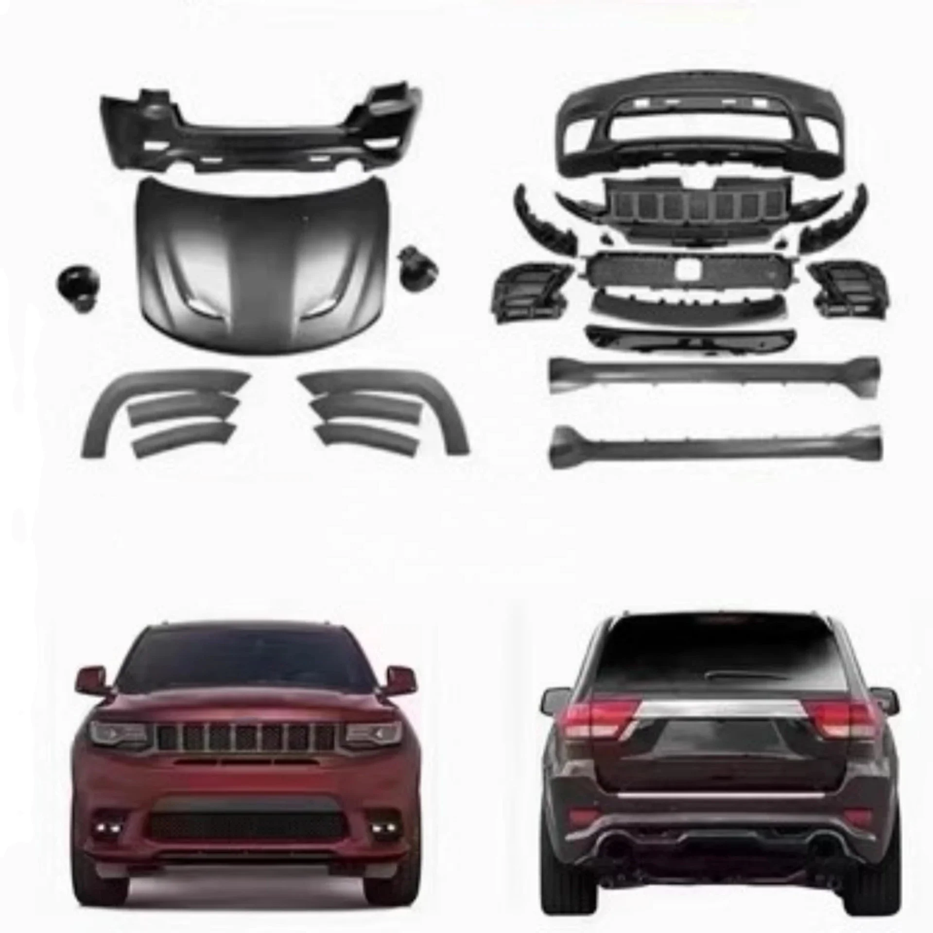 

Front Rear Bumper Assembly Side Skirt Hood Wide Wheel Eyebrow for Jeep Grand Cherokee 14-20 Modified SRT8 Body Kit