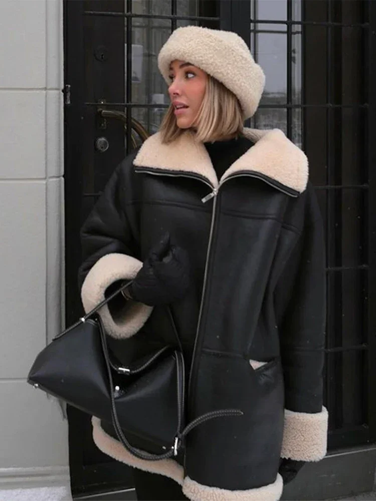 Шуба женская зимняя из меха, винтажная Повседневная Свободная мотоциклетная куртка, модная теплая Толстая пушистая верхняя одежда на молнии с лацканами