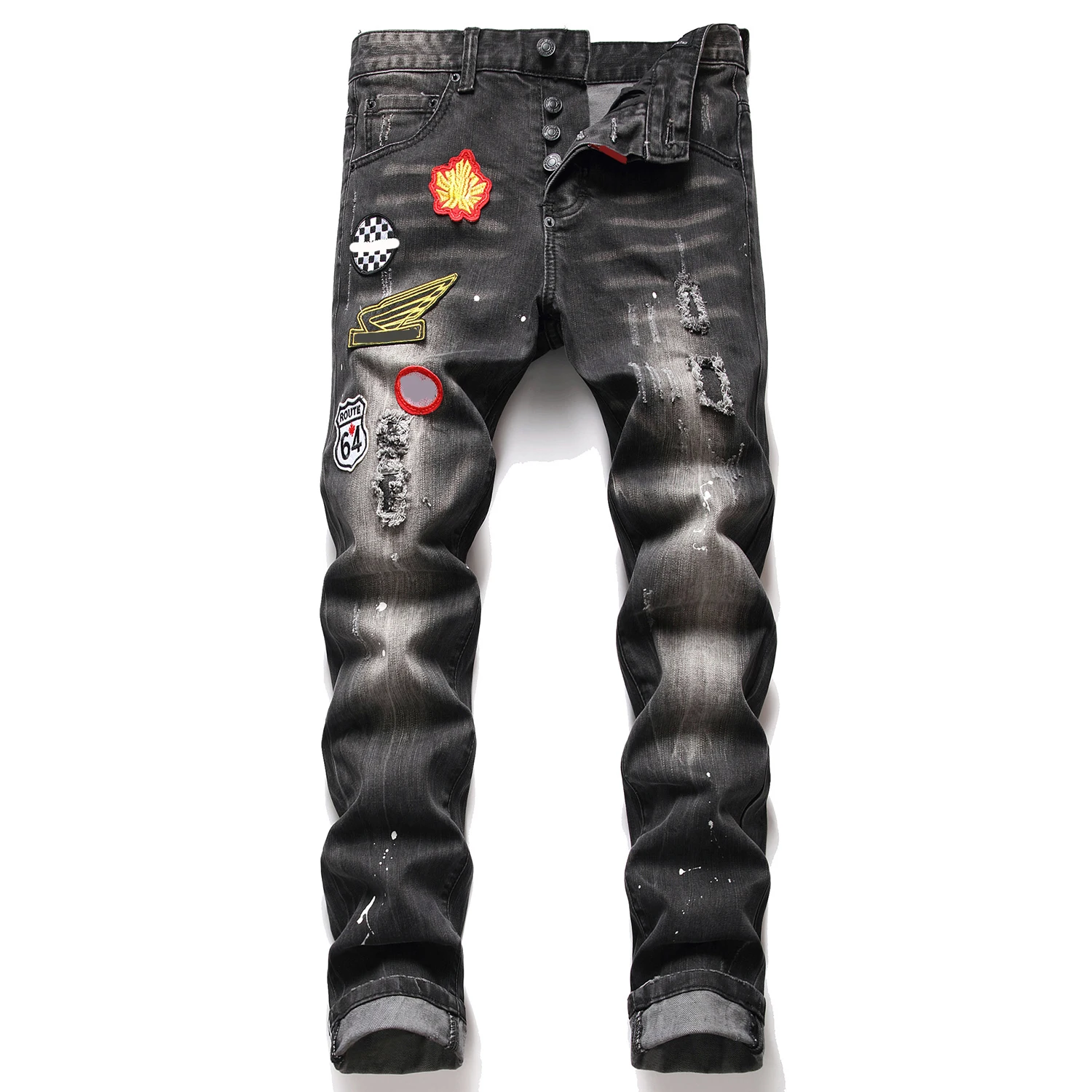 Light Luxury Men’s Slimfit No Stretch Denim Pants,badge Decors Hole