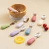 2PCS Baby Silicone Stainless Steel Fork Spoon Portable Baby Tableware Feeding Training Baby Utensils Solid Color Baby Stuff 4