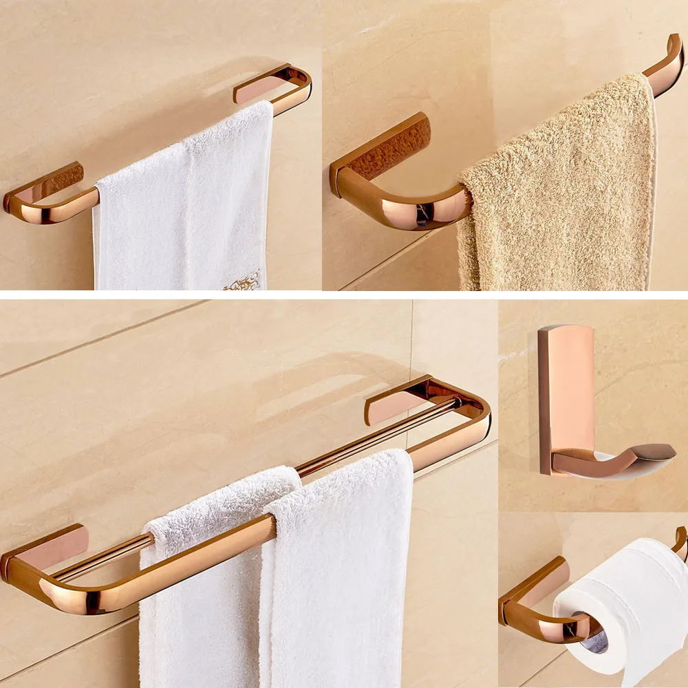 Roségoldenes Badezimmer-Zubehör-Set, Messing, Quadratisch, Badezimmer-Hardware, Handtuchhalter, Wandmontage, Toilettenpapierhalter, Bademantel
