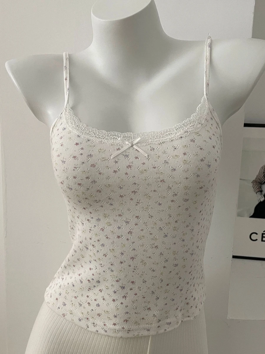 Floral Eyelet Lace-Trim Bow Tank Top - Women's Slim Cotton Camisole