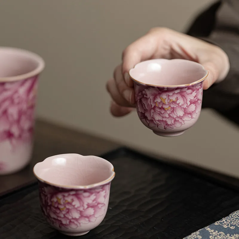 2pc/lot Pink Ru Kiln Peony Flower Mouth Teacup Aesthetic Tea Bowl Tea Cup Set Fragrance Cup Chazhan Tea Items Ornaments 55ML