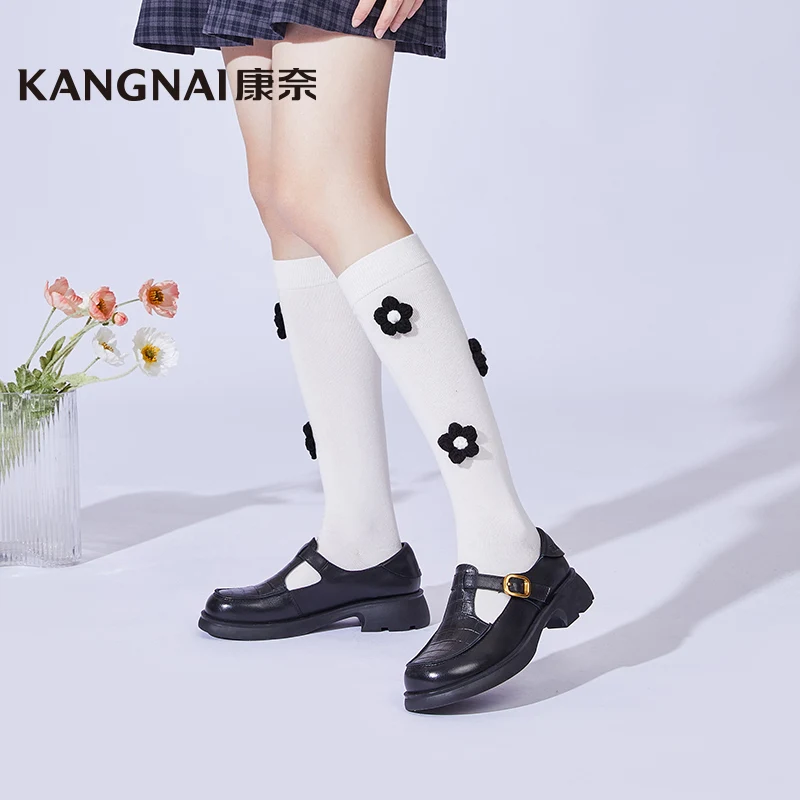 

Kangnai Mary Janes Women Shoes Genuine Leather Loafers Japanese Style T-Strap Retro Round Toe Female Platform Flats