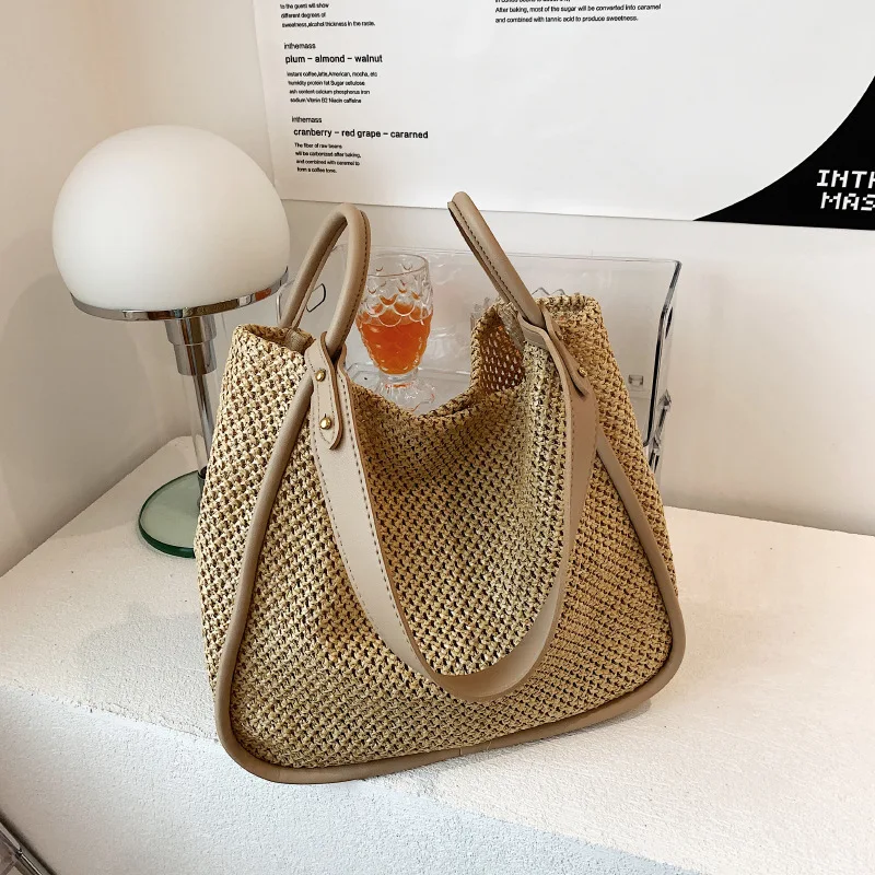 Bolso De Paja Tejido Grande Para Playa - Color Beige - Correa De Hombro - Estilo Hobo Veraniego
