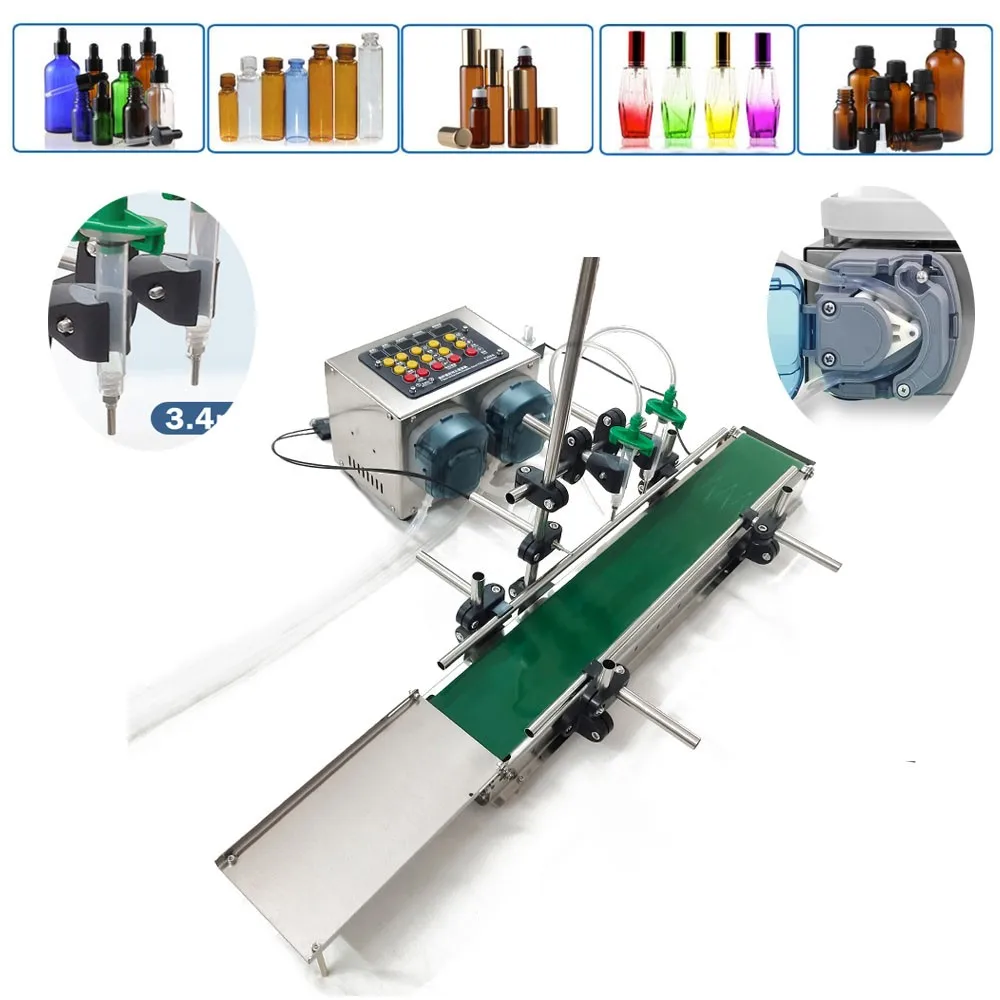 

Peristaltic Pump Filling Machine Fully Automatic Double Heads Perfume Essential Oil Filler With Conveyor Belt Fragrance Oil