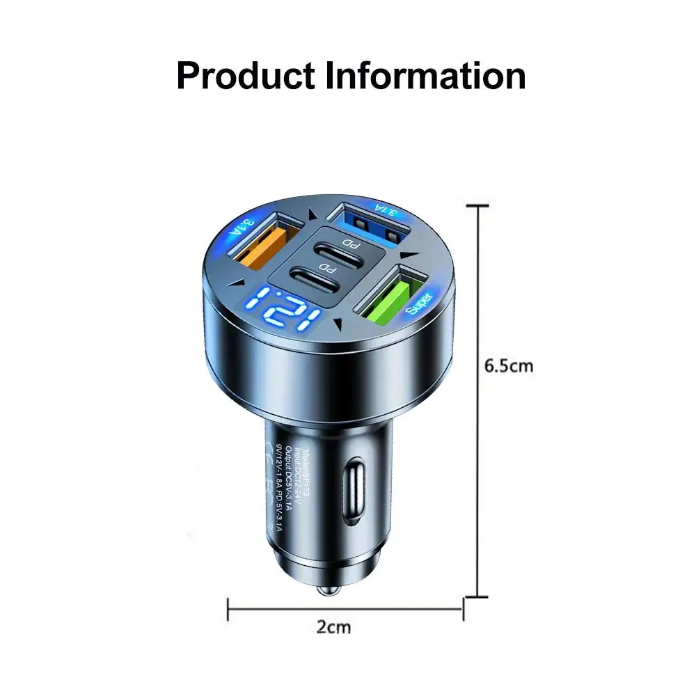Adattatore per caricabatterie da auto QC3.0 5 in 1 con doppia porta PD e ricarica rapida USB con display di tensione per iPhone, Samsung, Huawei_voghion.com