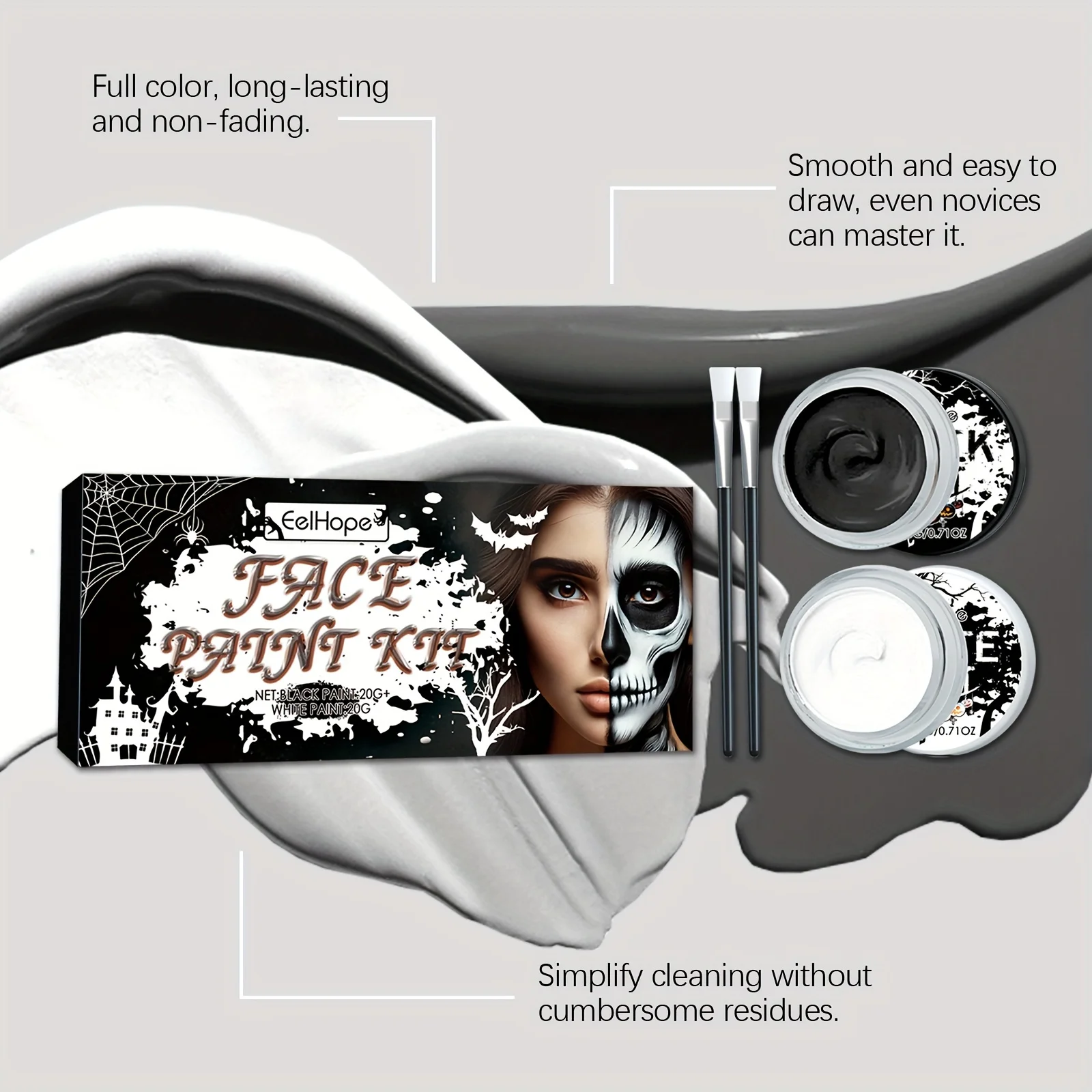 Black & White Face Body Paint Kit with Brushes Long-Lasting Makeup For Halloween Festive Fun Makeup Accessories Set