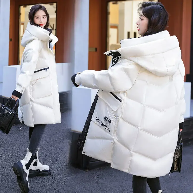 2024 New Women Down Jacket Winter Coat Female Mid Length Version Parkas Loose Large Size Warm Outwear Hooded Versatile Overcoat