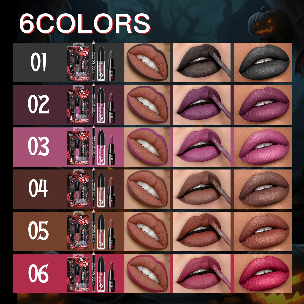 USHAS Halloween Lip Liner + Lipstick Set Black Moisturizing Long Lasting Lip Glaze Purple Brown 3 In 1 Liquid Lipstick Set
