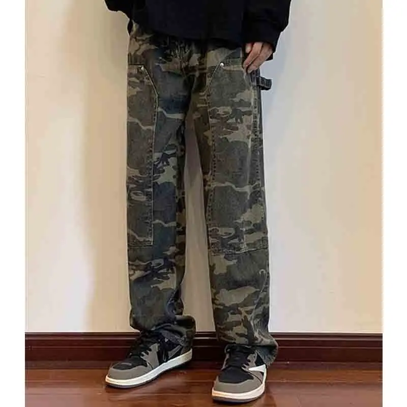 American Hiphop Street Trend Camouflage Workwear Pants Men's Button Zipper Pockets Patchwork Loose Straight Wide Leg Vibe Jeans