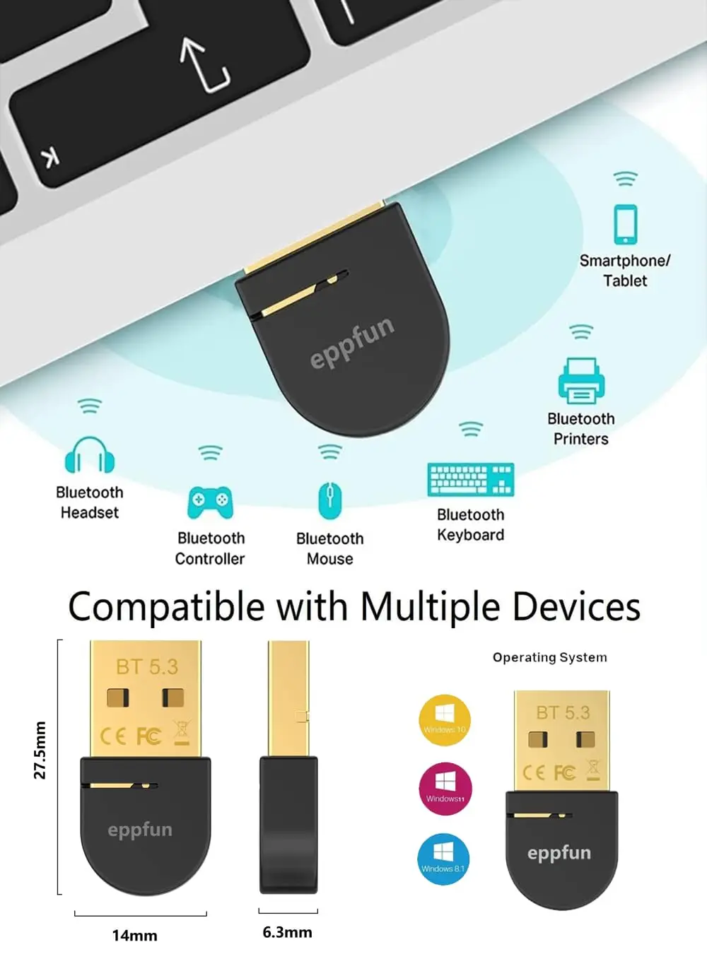Bluetooth 5.3 Audio Adapter For PC Laptop Desktop Support Windows 11/10/8.1 Compatible with Mouse Keyboard Headphones