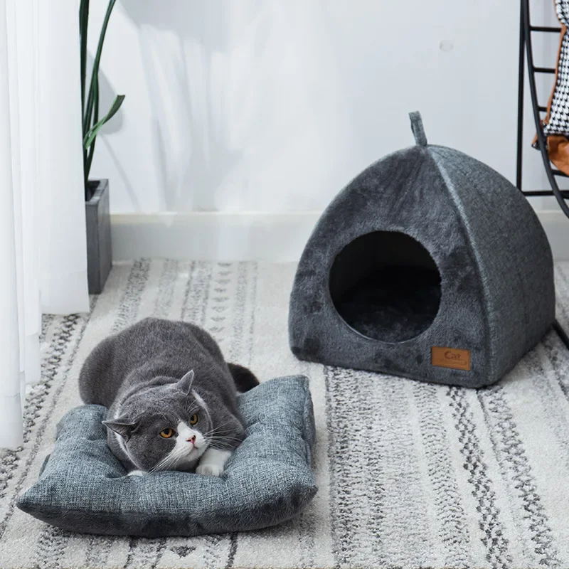 Pet Bed Cat House Soft Plush Sleeping Nest with Removable Mat, Indoor Enclosed Warm Cozy Tent for Cats, Cat Tent Bed