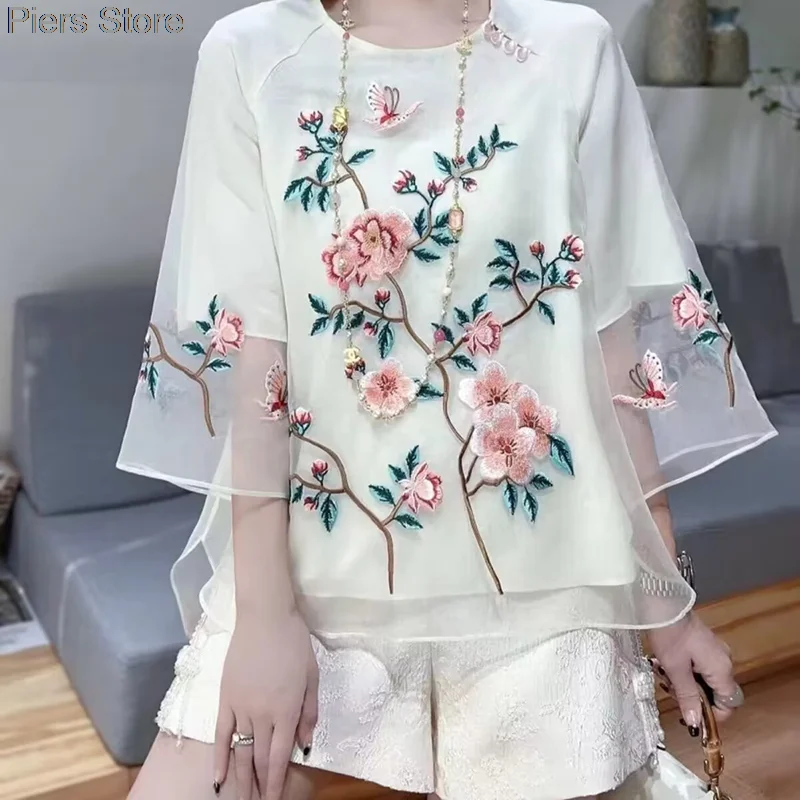 Chinese Style Embroidery Yarn Top for Women hanfu Blouse women chinese shirt
