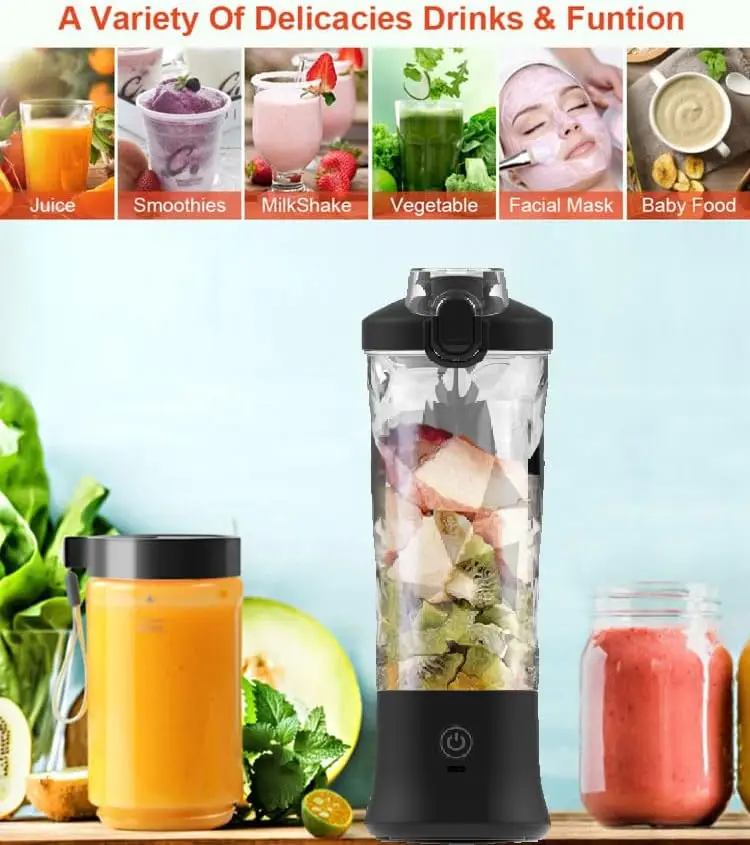 Portable blender with 20oz cup, USB-C rechargeable, self-cleaning, cordless for smoothies, gym, office. 6