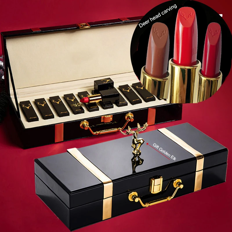 Makeup Set Lip Makeup Set Makeup Kit Makeup Gift Box Christmas Lipstick Set Wooden Box Lip Gloss Collection Not Easy to Fade Moisturizing Nude Makeup Kit Birthday Gift 10 Pcs