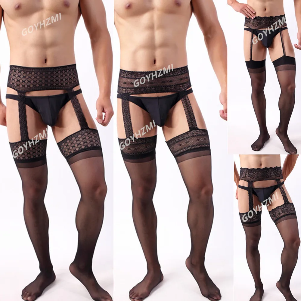 Men Lingerie Stockings Garter Belt Tights Pantyhose Thigh High Lace Embroidery Underwear men leggings cosplay underpants