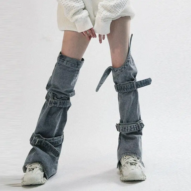 Женские гетры, джинсовые гетры, бандажные японские Леггинсы для девочек, длинные сапоги, накидка в стиле Харадзюку, панк-рок, регулируемые гольфы