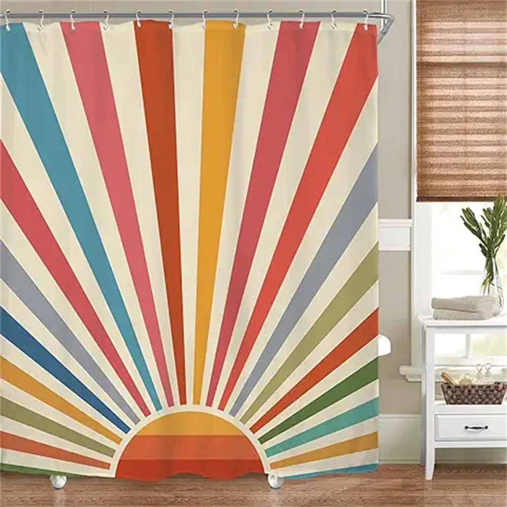 

Vintage Sun Shower Curtain Bathroom Decor Colorful Boho Rainbow Abstract Retro 70s Sunrise Sunset Waterproof Bath Curtain Decor
