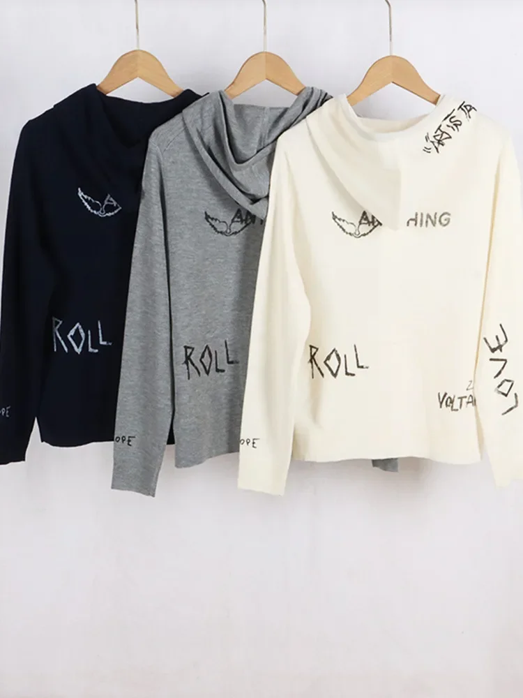 

Women Hooded Sweater Letter Jacquard Zipper Drawstring 2024 Spring Casual Loose Knitted Cardigan