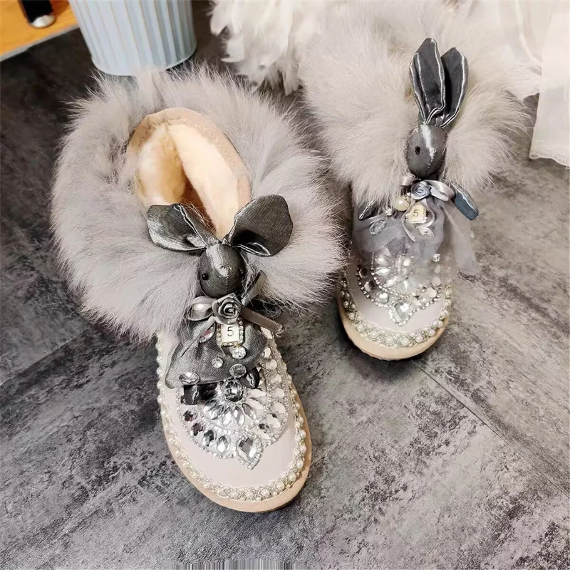 

Cute winter plus cashmere warm fox hair boots Pearl rhineshewn hand custom fur one-piece boots women's size 35-44