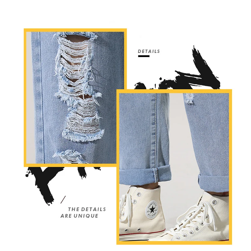 Jeans Men's Loose Straight-Leg Korean Version Of The Trend Hole Beggar Old Tide Brand Ankle-Length Pants Hollow Out Hip Hop