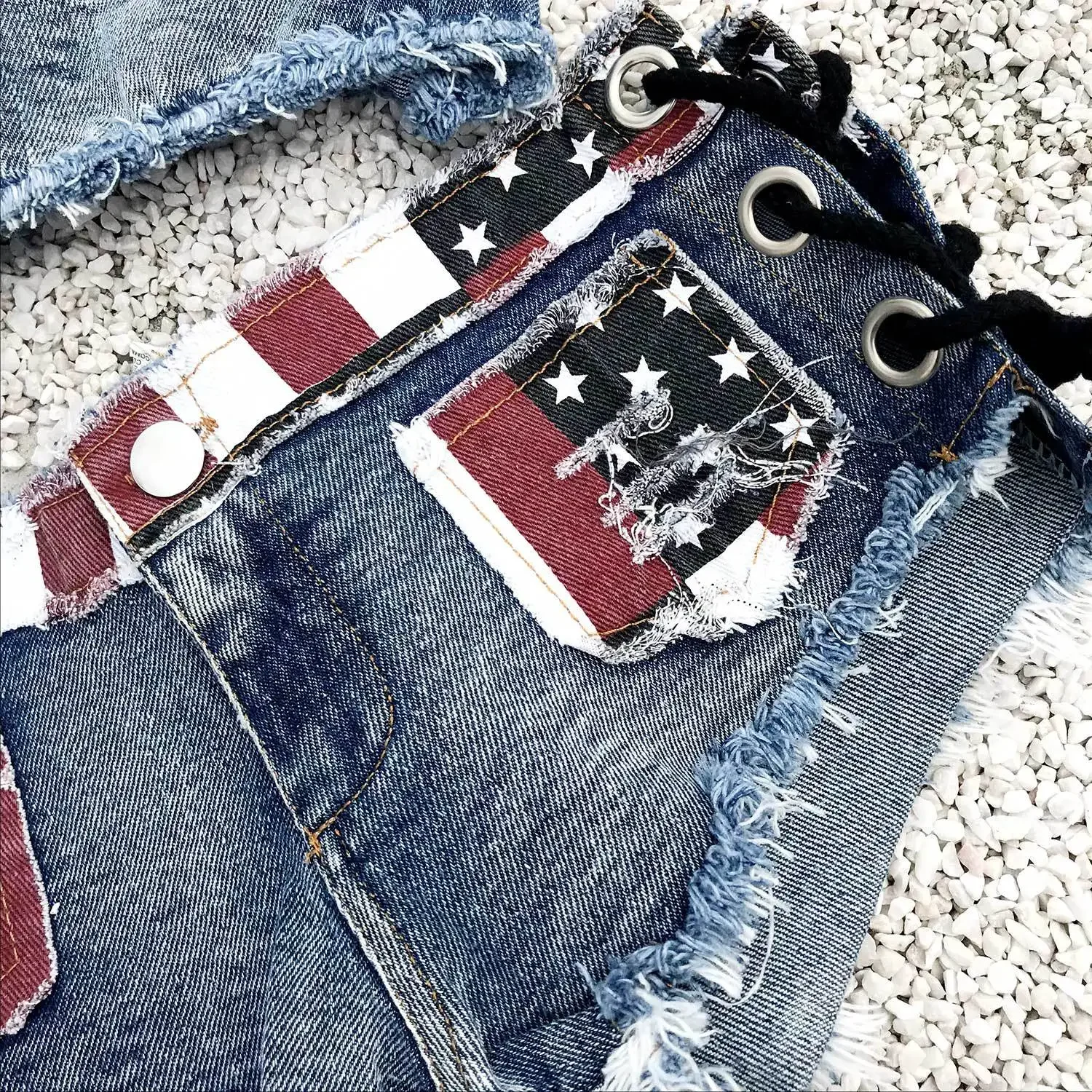 Women's Jeans Denim Shorts Summer Denim National Flag Prints Lace-up Shorts Ladies Skinny Super Short Jeans