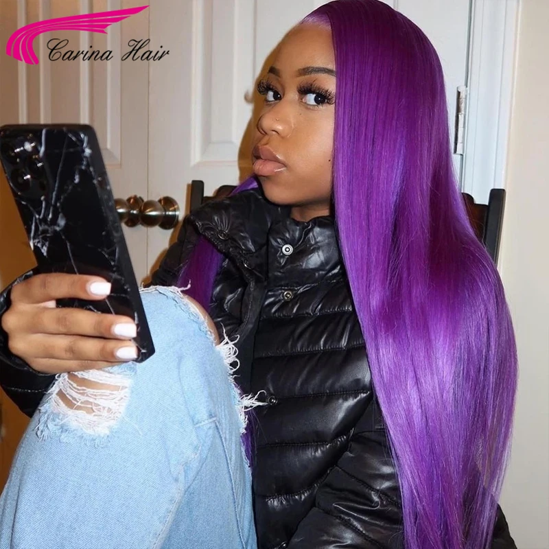 

Purple & Blue Colored 180Density Lace Frontal Wigs PrePlucked 13x4 Lace Human Hair Wig For Women Brazilian Remy Straight Wig