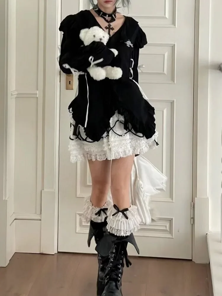 Deeptown Gothic Goth Y2k Harajuku Kawaii Lolita Shirt Cute Girls Bandage School Student Print Grunge Blouses 2024 Spring Autumn