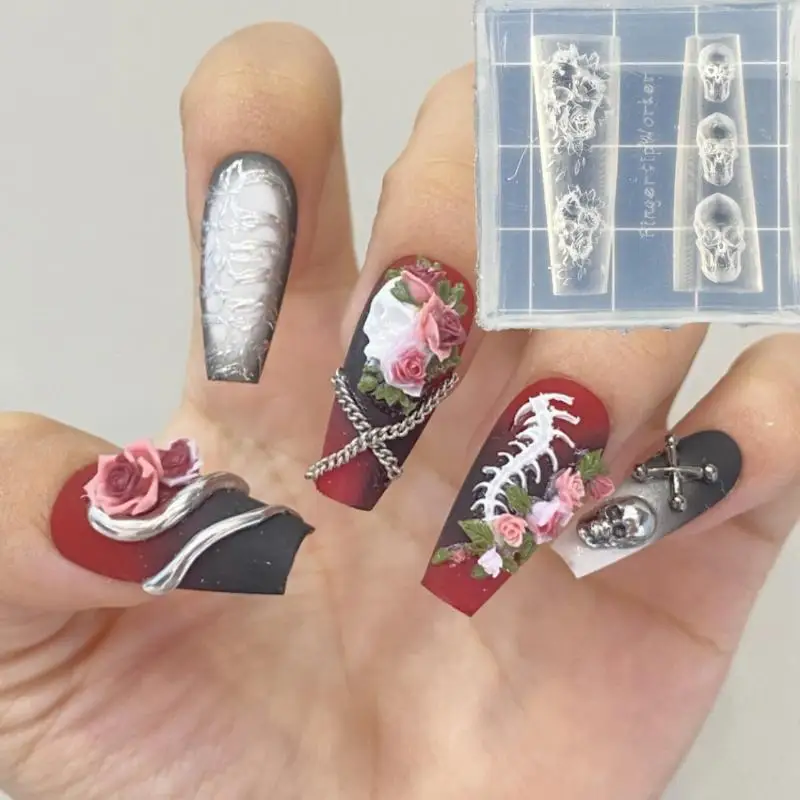 **1pc 로즈 스컬 3D 실리콘 네일 아트 몰드 꽃 꽃무늬 DIY 투명 템플릿 네일 아트 장식 매니큐어 디자인 도구