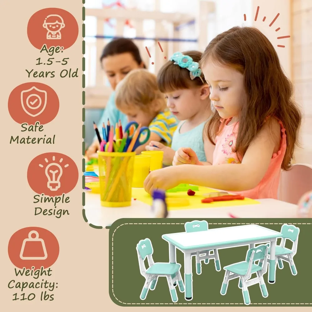 Kids Table and Chair Set, 5 Piece Toddler Table and Chair Set with 4 Chairs Adjustable Height, for Snack Time,