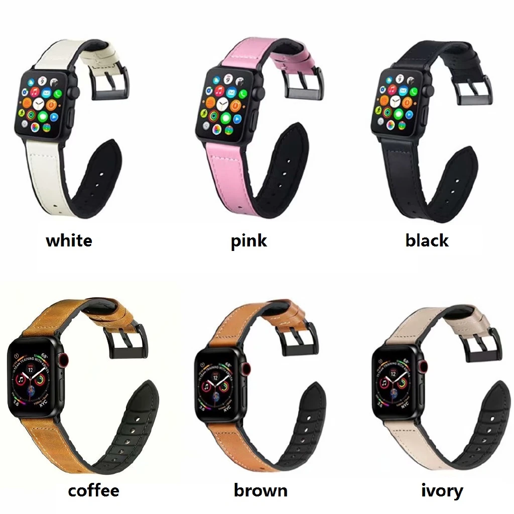 

【For Apple Watch Strap】For Apple Watch Series 6 se 5 4 3 2 1 Genuine Leather + Silicone Band Strap for iWatch Smart Watch