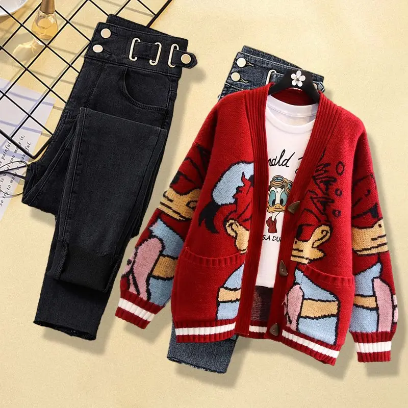 Large Size Women's Autumn Set 2024 New Knitted Cardigan Sweater Jacket High Waisted Jeans Two-piece Set