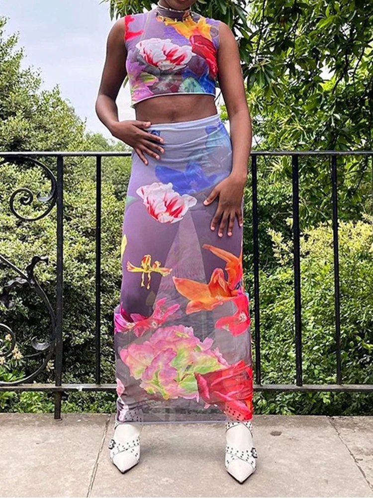 

Летняя Новинка, женская блузка OMSJ с принтом, прозрачная блузка без рукавов с круглым вырезом, Горячая сексуальная клубная одежда из двух предметов