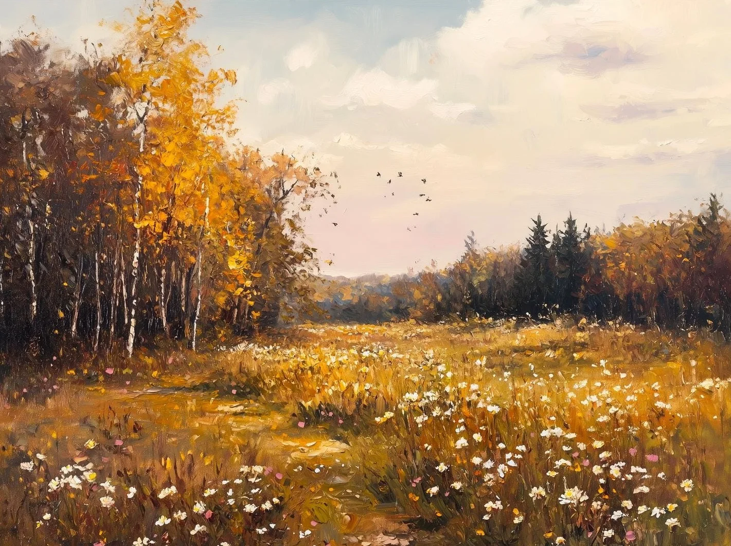 Moody Autumn Wildflower Landscape Canvas Print – Vintage Rustic Country Scenery Wall Art Decor